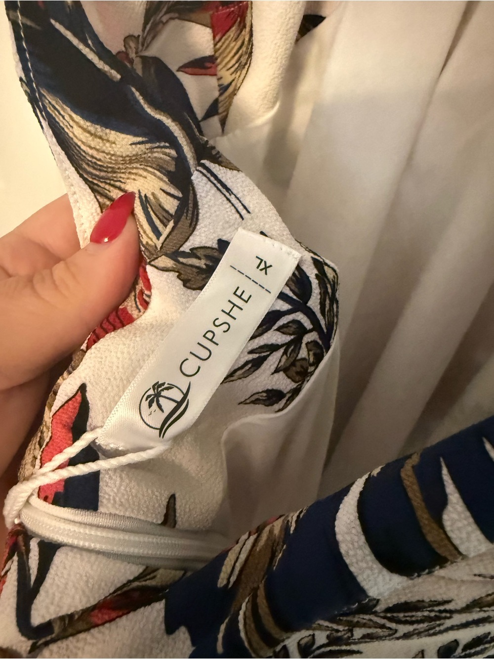 Cupshe White Maxi Dress with Red, Navy & Olive Leaf Print - Picture 4 of 5